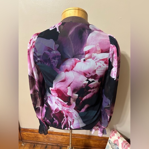 Express Whimsical Floral Print Sheer Balloon Sleeve Flutter Cuff Top Small - Picture 6 of 10